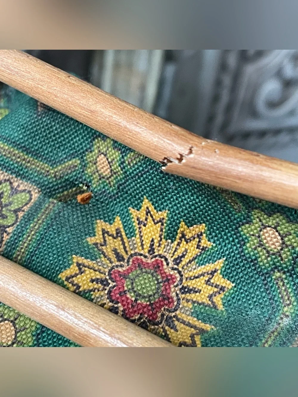 Vintage 1950 MCM Wood Doll couch green fabric Pert